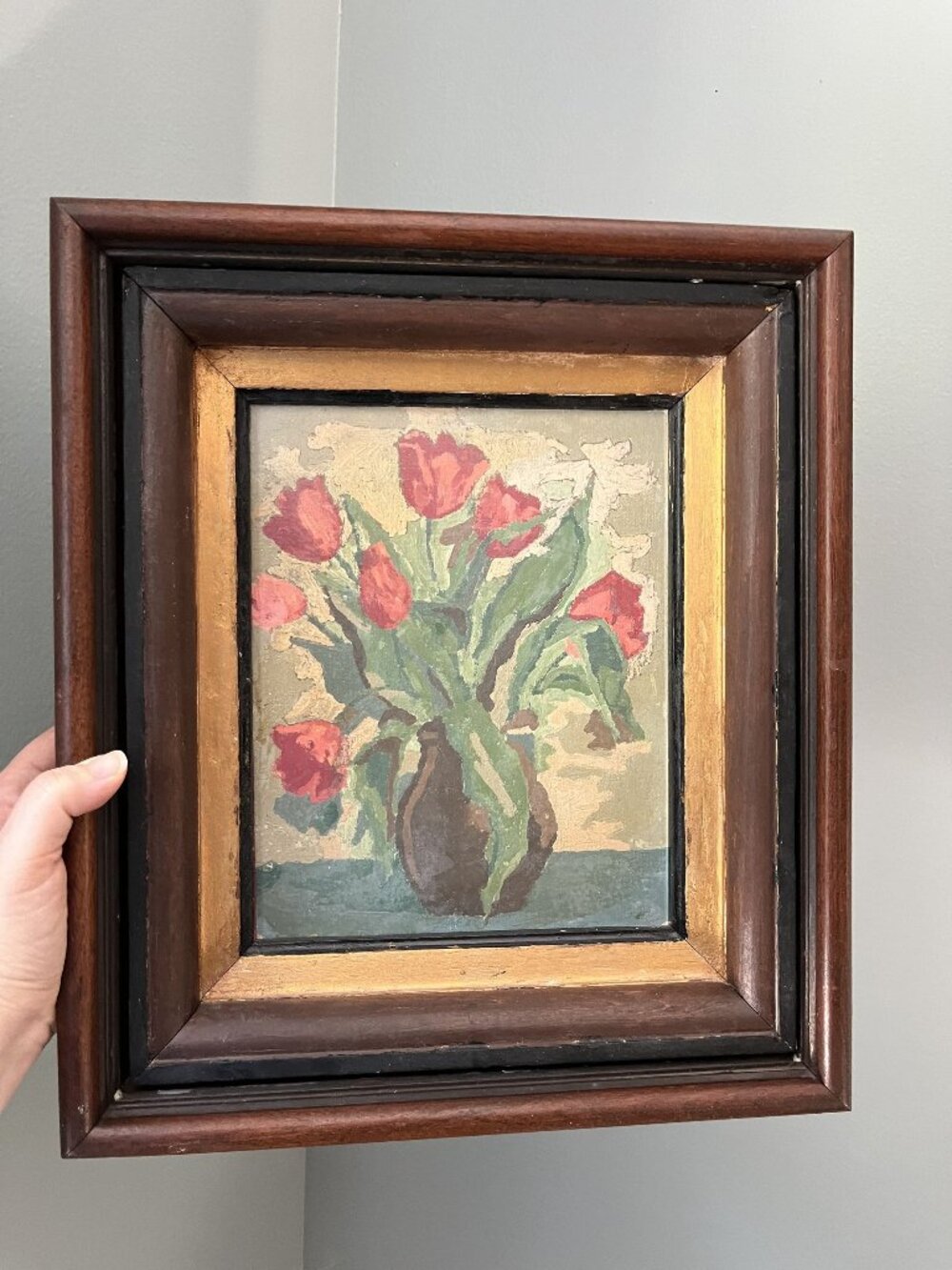 Antique Paint By Number Tulips Framed Artwork With Wooden & Gold-Tone Frame 14"